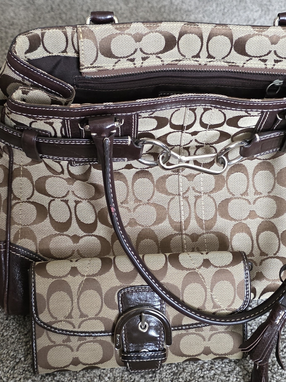 Coach Signature Brown and Khaki Tote Bag with Leather Trim